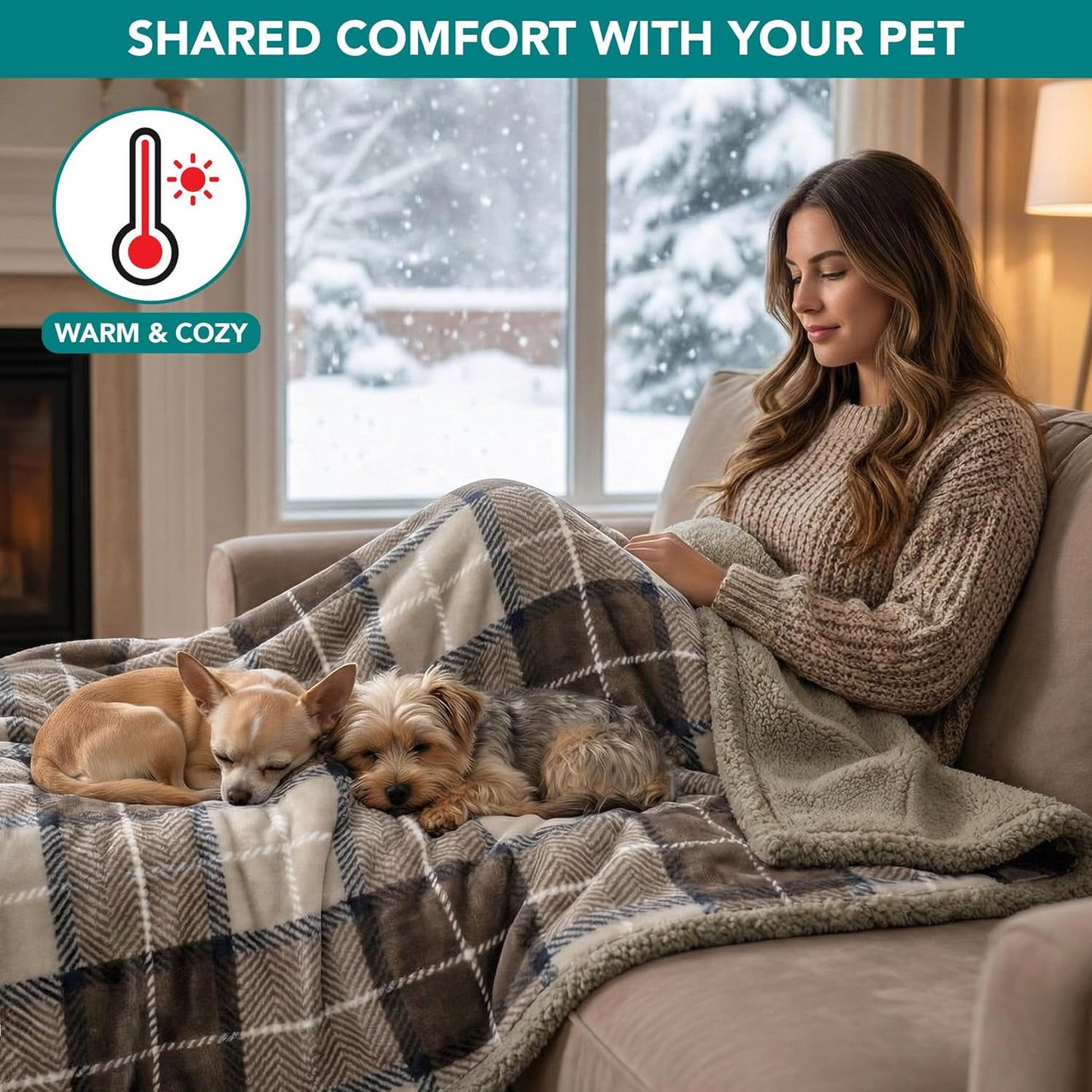 Waterproof Dog Blanket for Medium Large XL Dog Puppy Cat Throw for Couch Cover Leakproof Protection, Sherpa Fleece, Reversible Soft Washable 80X60 Plaid Taupe