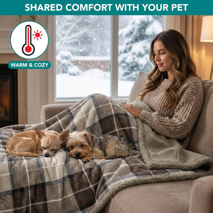 Waterproof Dog Blanket for Medium Large XL Dog Puppy Cat Throw for Couch Cover Leakproof Protection, Sherpa Fleece, Reversible Soft Washable 80X60 Plaid Taupe