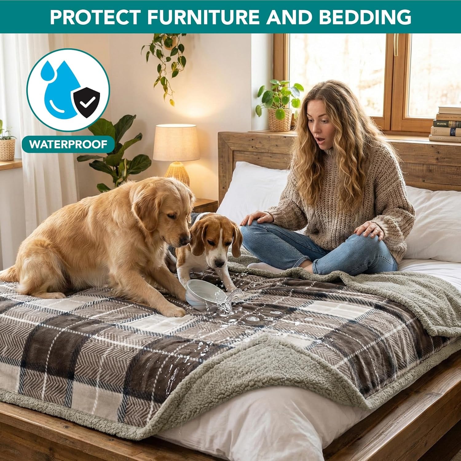 Waterproof Dog Blanket for Medium Large XL Dog Puppy Cat Throw for Couch Cover Leakproof Protection, Sherpa Fleece, Reversible Soft Washable 80X60 Plaid Taupe